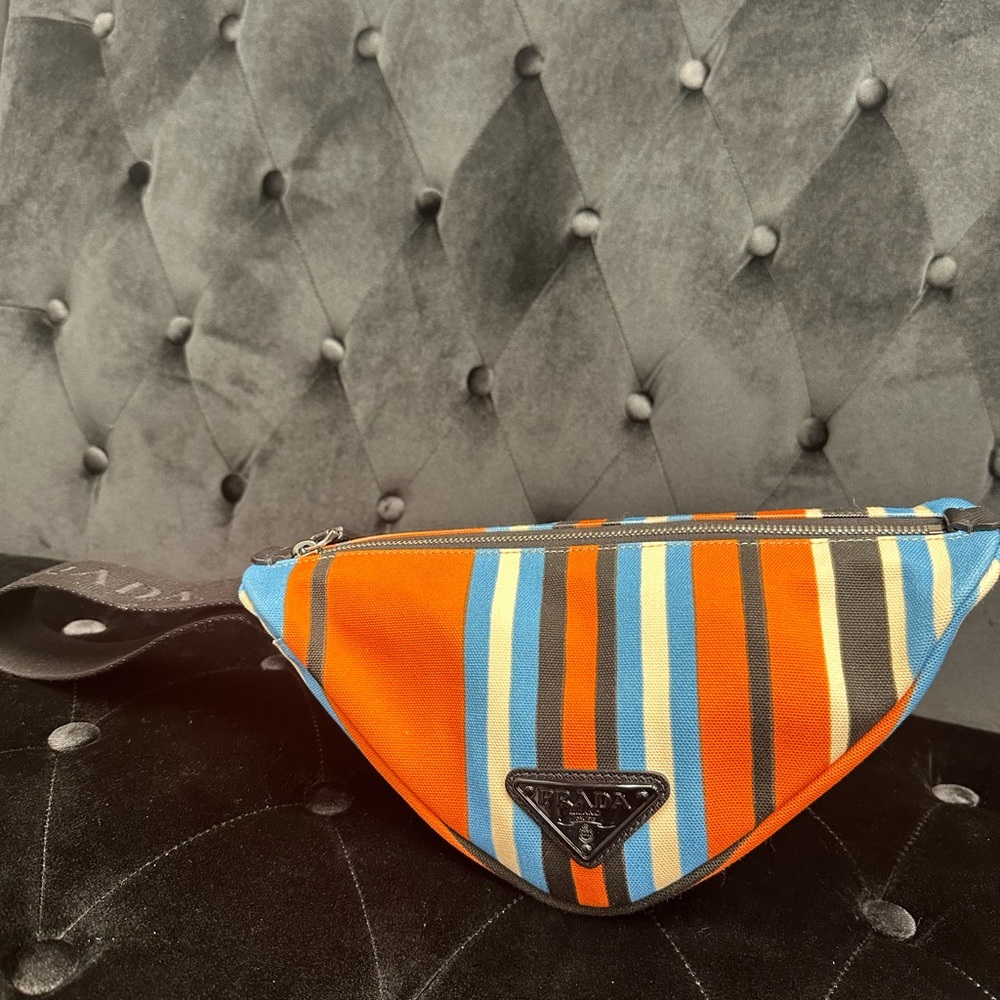 Perfect Condition Prada Orange And Blue Stripe Wristlet